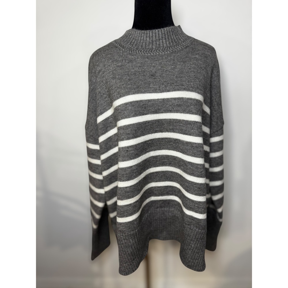 Grace‎ + Karma Women's Grey White Stripe Mock Neck Long Sleeve Sweater Size 2X